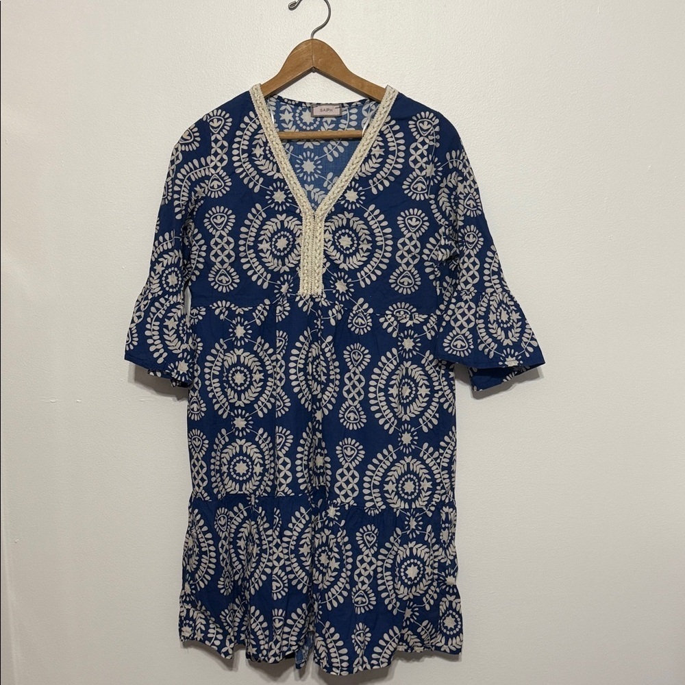 SAIPH Santorini Floral Mini Dress Size S Blue White Cotton Italy Relaxed Coastal - Picture 2 of 10